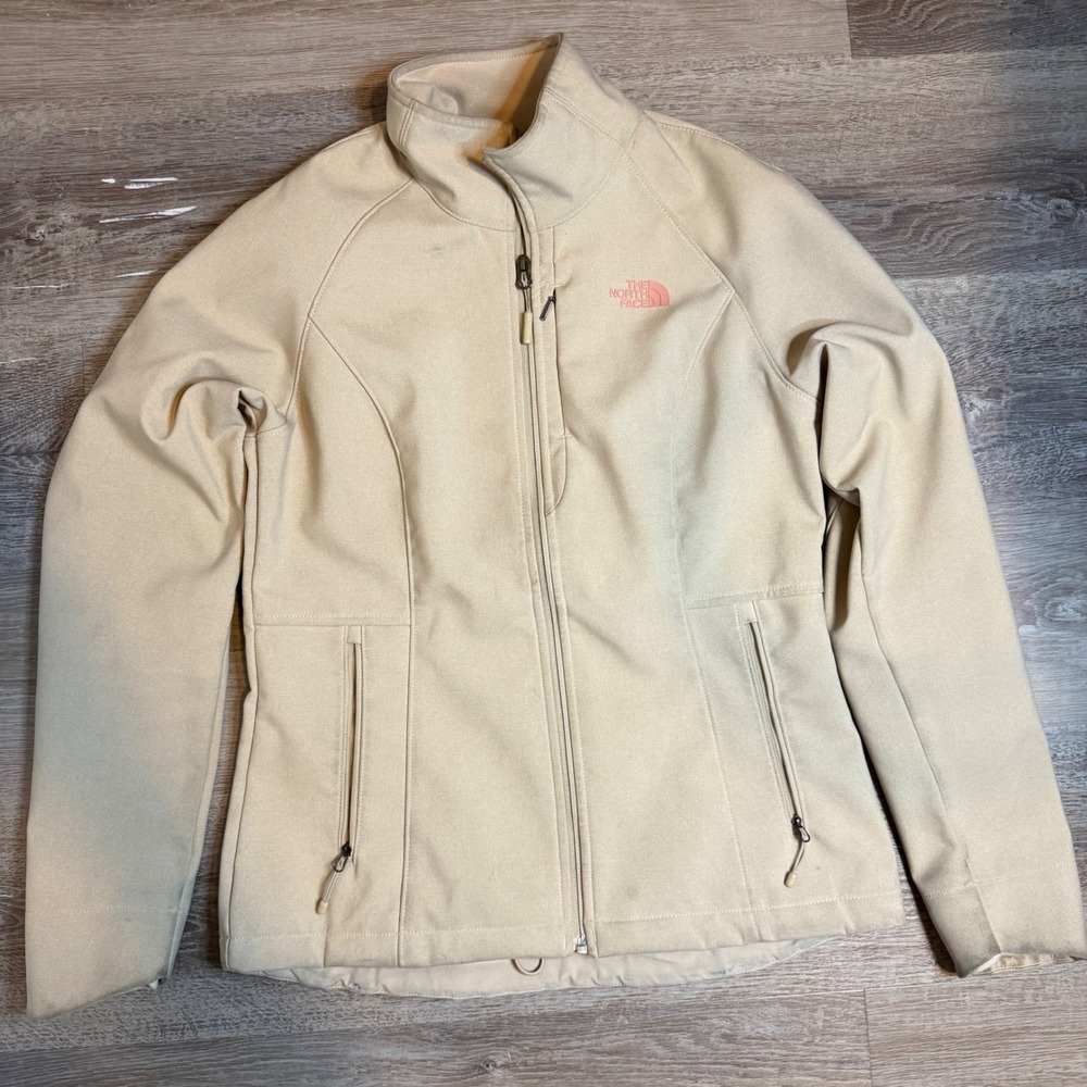 The North Face Womens Apex Bionic Softshell Jacket Cream Beige Pink Logo Size M